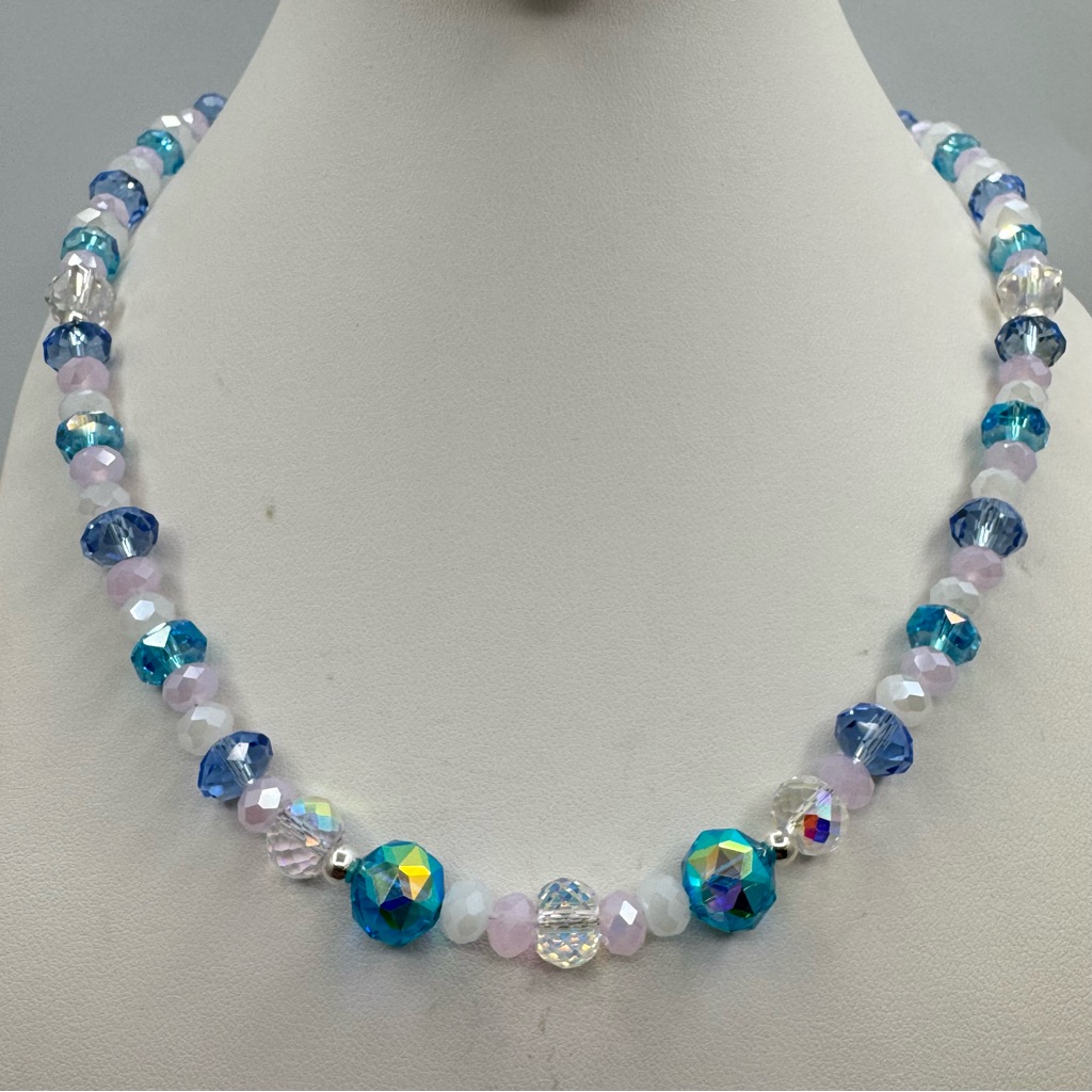 Handcrafted Faceted Crystal Glass Bead Necklace Blue Iridescent Statement